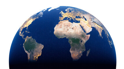 Earth globe illuminated city lights Africa Europe Middle East and South America visible night view realistic satellite perspective global connection environmental awareness peaceful atmosphere