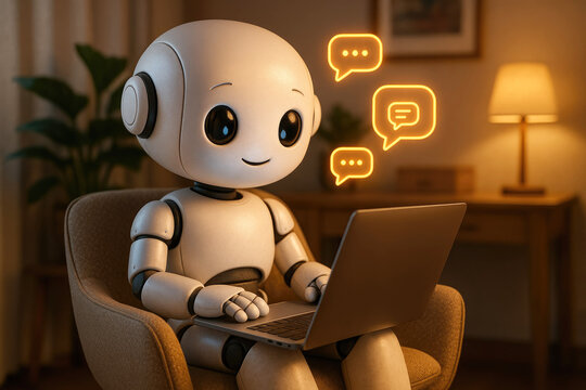 Cute robot sitting in a chair using a laptop with chat bubbles artificial intelligence chatbot - Powered by Adobe
