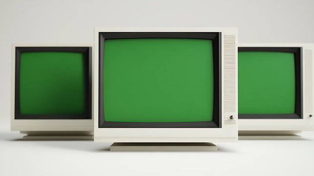 Three retro monitors stand in a row, each displaying a vibrant green screen. A vintage, tech-inspired aesthetic. Perfect for evoking nostalgia or representing technology.
