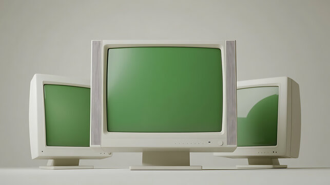 Vintage Tech Trio: Three classic computer monitors with green screens lined up. A retro reminder of early computing days, perfect for nostalgic themes or tech history visuals.