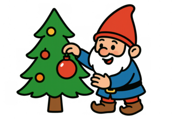 Happy gnome decorating christmas tree, hanging red ornament, celebrating winter holidays, festive cartoon character