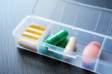 Colorful capsules and tablets organized in a clear pillbox for daily medication
