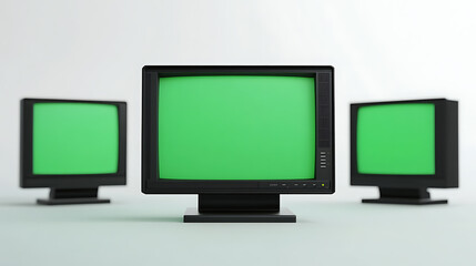 Vintage TV Monitors with Green Screens. A classic retro design for broadcasting, gaming, or display setups. Perfect for adding a touch of old-school charm to any scene.