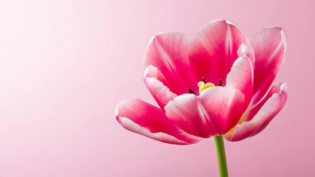 A vibrant close up of a single delicate pink tulip flower with white tipped petals and a green stem, blooming against a soft pink background.