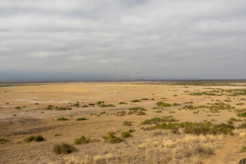 Obraz premium Panoramic view of the vast, arid plains of the Amboseli ecosystem on a cloudy day in Kenya