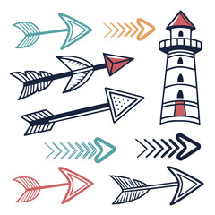 Colorful Directional Arrows with Lighthouse &ndash; Vector Illustration.