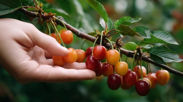 Cherry picking in a sunny orchard during summer harvest