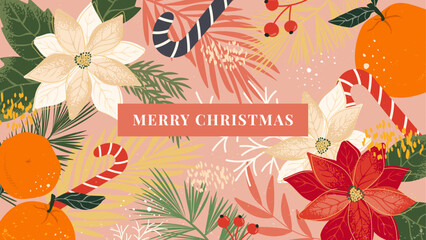Christmas Banner with poinsettia flowers, coniferous branches, tangerines and candy canes. Plant Design of the winter festival for postcards, web pages, greetings on social Media