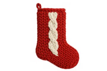 Red knitted christmas stocking with a white cable knit pattern on a transparent background, winter holiday decoration