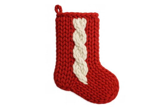 Red knitted christmas stocking with a white cable knit pattern on a transparent background, winter holiday decoration
