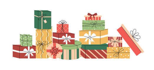 Christmas presents pile. Festive gift boxes with ribbons and bows. Vector illustration.