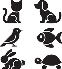 Collection of black animal icons including cat dog bird fish rabbit turtle silhouette