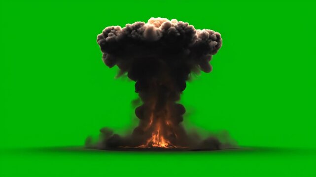 Detailed animation of a nuclear explosion on a green screen, showcasing the stages of detonation and cloud formation for visual effects projects