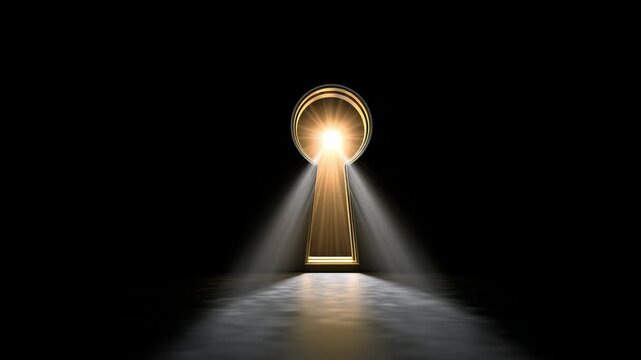 Bright light shining through a keyhole in dark space