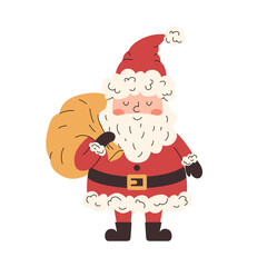 Santa Claus carrying gift bag in cozy Christmas mood. Cute flat winter character full of festive charm and warmth. Perfect holiday element for cards, packaging, branding, and seasonal decoration.