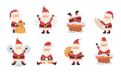 Playful Santa Claus Set for Christmas Celebration. Cute Holiday Scenes and Joyful Winter Design. Modern Flat Cartoon Icons for Greeting Cards and Branding. Vector Illustration of Festive Cheer.