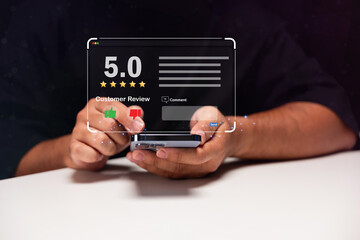 A person reviews a service on their smartphone, displaying a 5-star rating and options to comment or react, illustrating digital feedback.