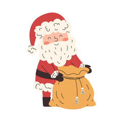 Santa Claus opening gift bag in cozy Christmas scene. Cute flat winter character with warm festive mood.
