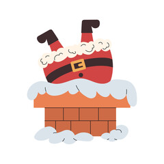 Santa Claus stuck in chimney during Christmas night. Funny flat winter character with cozy festive mood. Perfect element for holiday cards, packaging, branding, and seasonal design.