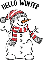 Cheerful snowman with a red striped scarf and hat welcomes the winter season