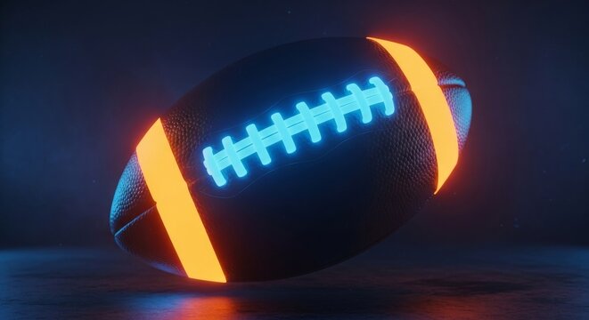 Electrifying American football with neon accents on dark backdrop creates a striking visual for sports marketing and dynamic athletic campaigns