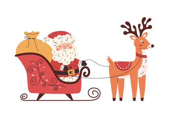 ute Santa Claus in sleigh with reindeer and presents. Joyful flat Christmas illustration with cozy holiday feeling. Perfect for winter cards, prints, and festive decoration.