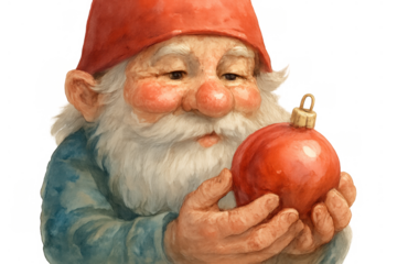 Christmas gnome holding red festive ornament, celebrating winter holidays, transparent background