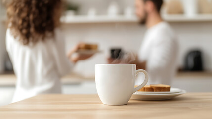 A bright and airy kitchen scene featuring a steaming mug of coffee, with a couple in the background. The warm hues and minimalistic design evoke a sense of modern comfort.
