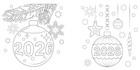 Coloring book page. 2026 Christmas and New Year holidays. Vector illustration.	
