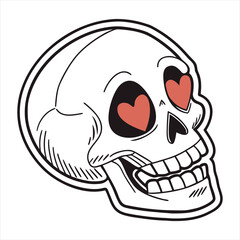 Fototapeta premium Cartoon skull with heart eyes expressing love or obsession