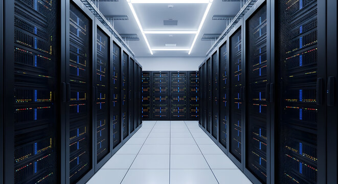 Server room with rows of rack servers for data storage and processing in data center - Powered by Adobe
