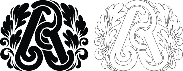 Ornate Letter A Monogram with Floral Swirls Black and White alphabet initial