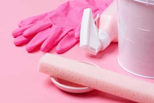Cleaning supplies including pink gloves, a spray bottle, and a paint roller - Powered by Adobe
