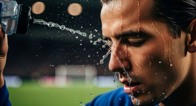 Athlete refreshes with cool water after intense workout on the field, promoting hydration and recovery in a vibrant sports setting showcasing dedication