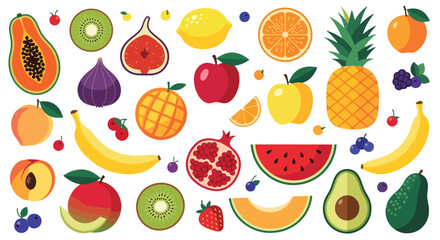 Assortment of colorful and fresh fruits, including tropical and citrus varieties