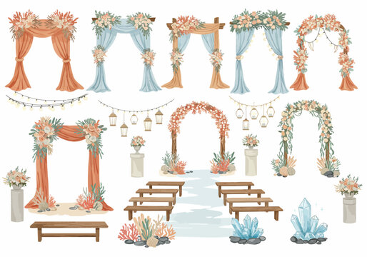 Collection of watercolor wedding arches and ceremony decor elements. - Powered by Adobe
