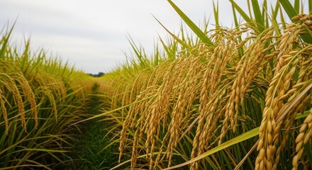 Golden rice crop field ready for harvest under soft sky