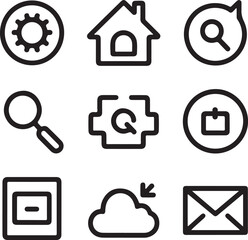 Set of nine simple outline icons for digital interface and communication gear cogwheel