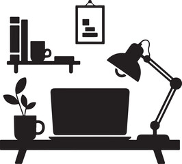 Silhouette of a Desk with a Laptop, Lamp, Books, and Plant workspace home office