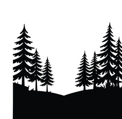 Silhouette Of Pine Trees On A Hillside Against White Background forest nature