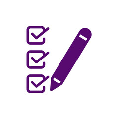 Purple checklist with checkmarks and a pencil isolated on transparent background