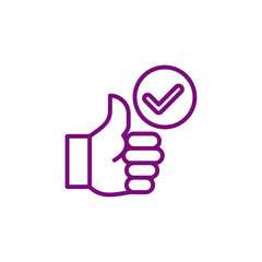 Purple outline of a thumbs up symbol with a checkmark inside a circle isolated on transparent background
