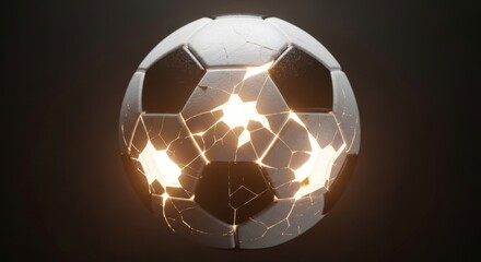 Fototapeta premium Dynamic soccer ball with cracks emitting light, a conceptual representation of strength, resilience, and the passion for the game, perfect for sports themes