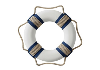 White life buoy with blue stripes isolated PNG, nautical safety equipment for swimming pool or boat, decorative element © Hughes
