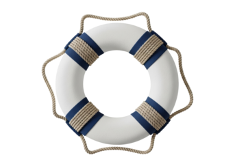White life buoy with blue stripes isolated PNG, nautical safety equipment for swimming pool or boat, decorative element