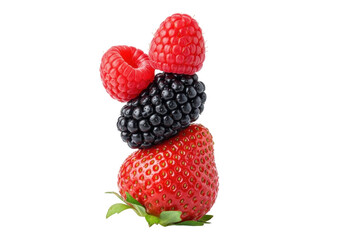 Strawberry, blackberry, and raspberries isolated PNG, fresh fruit tower on transparent background for healthy eating and summer dessert concepts
