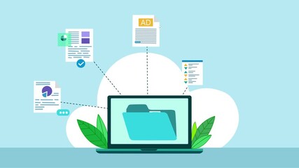 Cloud Storage Animation with Laptop and Documents - Powered by Adobe