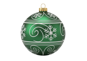 Green Christmas ball PNG isolated on transparent background, holiday ornament with snowflakes and swirls for festive decoration