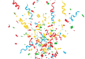 Colorful confetti and ribbons PNG isolated on transparent background, party celebration elements for festive designs and holiday projects