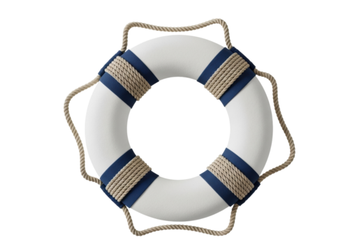 White life buoy with blue stripes isolated PNG, nautical safety equipment for swimming pool or boat, decorative element